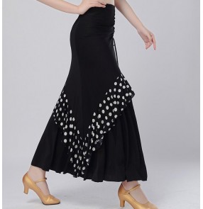 Red white polka dot black patchwork long length women's slim competition professional performance ballroom dance skirts for ladies